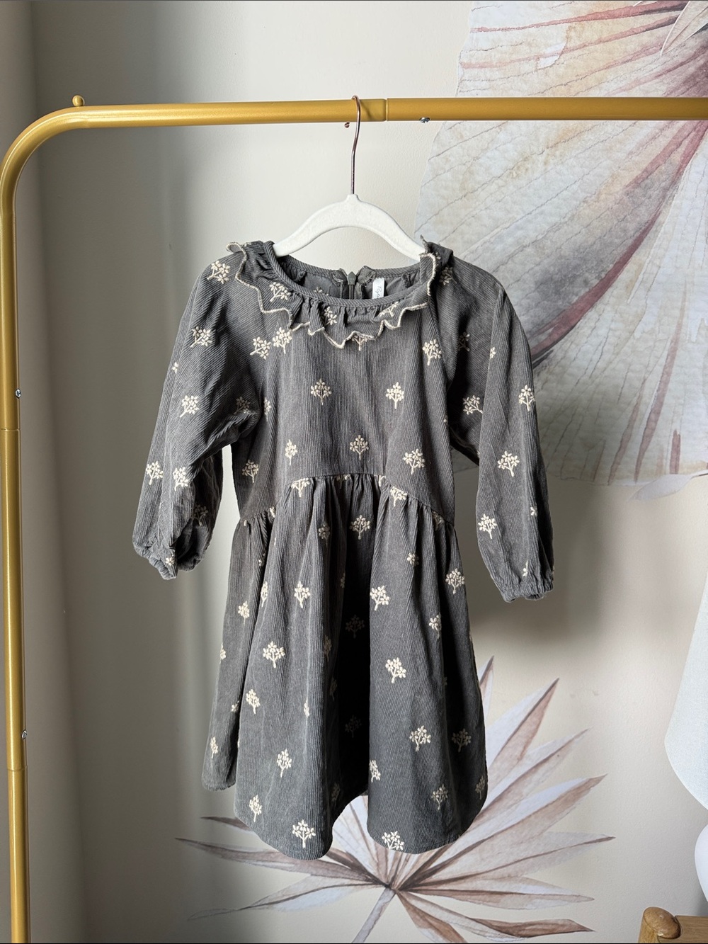 Rylee + Cru Charcoal Dress with Cream Floral Embroidery